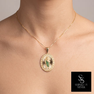 Saint Jude 10K Yellow Gold Pendant with Emerald CZ worn on a model