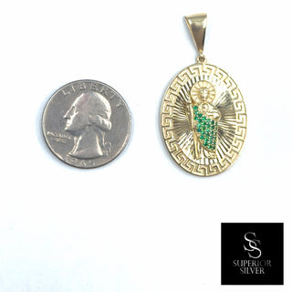 Saint Jude 10K Yellow Gold Pendant with Emerald CZ size comparison next to a US quarter