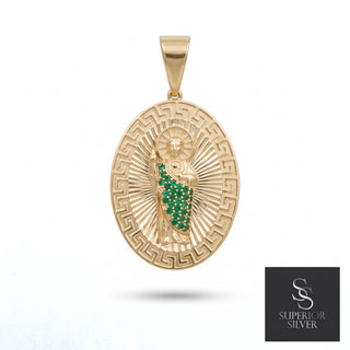 Saint Jude 10K Yellow Gold Pendant with Emerald CZ, front view