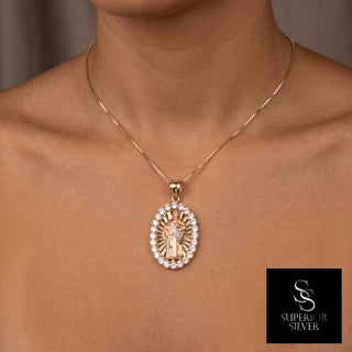 Saint Jude 10K Yellow Gold Pendant with Cubic Zirconia on model