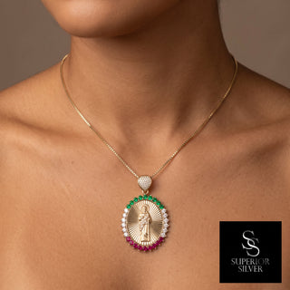 Saint Jude 10K Yellow Gold Pendant with Cubic Zirconia on model