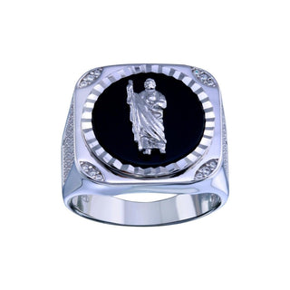 Saint Jude Black Inlay Square Signet Moissanite Ring in sterling silver