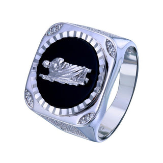 Saint Jude Black Inlay Square Signet Moissanite Ring in sterling silver, view 2