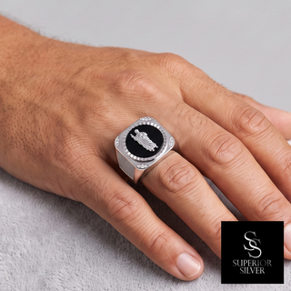 Saint Jude Black Inlay Square Signet Moissanite Ring in sterling silver, worn on hand