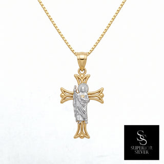 Saint Jude Crucifix 14K Yellow Gold Pendant on a box chain