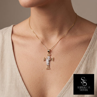 Saint Jude Crucifix 14K Yellow Gold Pendant worn on a model