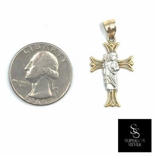 Saint Jude Crucifix 14K Yellow Gold Pendant size comparison next to a US quarter