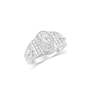 Saint Jude Oval Halo with Ribbed Cross Shoulders Moissanite Ring in sterling silver