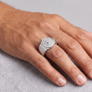 Saint Jude Oval Halo with Ribbed Cross Shoulders Moissanite Ring in sterling silver, worn on hand