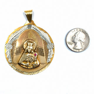 Superior Silver pre-owned 10K yellow gold Santa Barbara medallion pendant featuring a ruby and diamond-cut detailing.