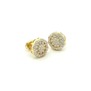 Scalloped octagon halo cluster moissanite stud earrings in yellow gold vermeil over sterling silver