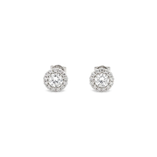 Scalloped round halo moissanite stud earrings in sterling silver