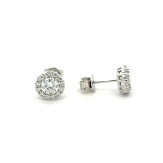 Scalloped round halo moissanite stud earrings in sterling silver, view 2