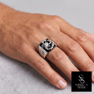 Scorpion on Black Square Signet Moissanite Ring in sterling silver, worn on hand