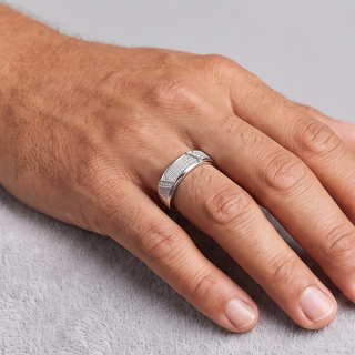 Segmented Pavé Panel Band Moissanite Ring in sterling silver, worn on hand