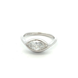 Sideways marquise bezel polished band moissanite ring in sterling silver