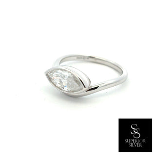 Sideways marquise bezel polished band moissanite ring in sterling silver, view 2