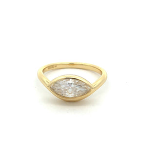 Sideways marquise bezel polished band moissanite ring in yellow gold vermeil over sterling silver