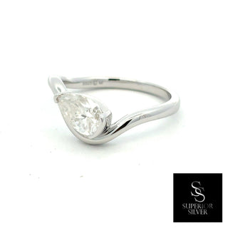 Sideways pear wave band moissanite ring in sterling silver, view 2