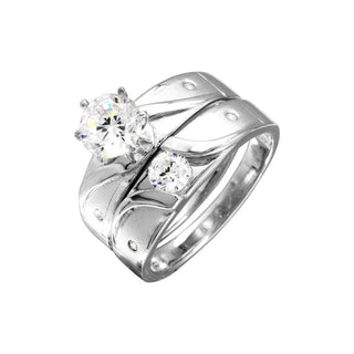 Sideways Swirl Matte Bridal Set Moissanite Ring in sterling silver