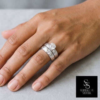 Sideways Swirl Matte Bridal Set Moissanite Ring in sterling silver, worn on hand