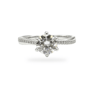 Six-Prong round solitaire on pavé band moissanite ring in sterling silver