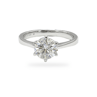 Six-Prong round solitaire on plain band moissanite ring in sterling silver