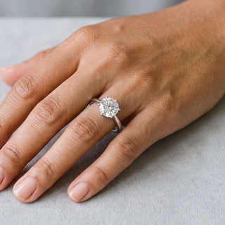 Six-Prong Round Solitaire on Plain Band Moissanite Ring in sterling silver, worn on hand