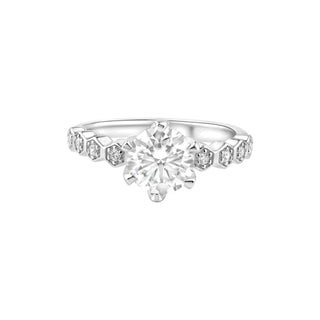 Six-Prong Round Solitaire with Hexagon Bezel Band Moissanite Ring in sterling silver, 1 ct center