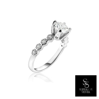 Six-Prong Round Solitaire with Hexagon Bezel Band Moissanite Ring in sterling silver, 1 ct center, view 2
