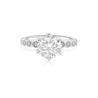 Six-Prong Round Solitaire with Hexagon Bezel Band Moissanite Ring in sterling silver, 2 ct center