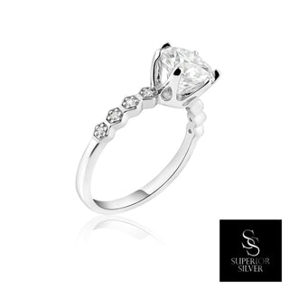 Six-Prong Round Solitaire with Hexagon Bezel Band Moissanite Ring in sterling silver, 2 ct center, view 2