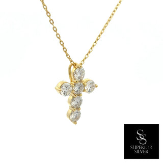 Six-stone prong cross moissanite necklace in yellow gold vermeil over sterling silver