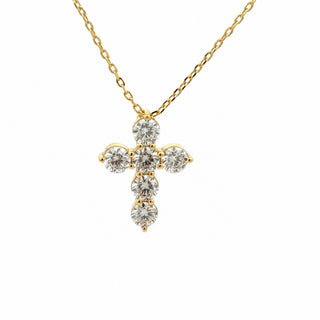Six-stone prong cross moissanite necklace in yellow gold vermeil over sterling silver, view 2