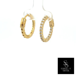 Slim 20mm prong-set moissanite hoop earrings in yellow gold vermeil over sterling silver, view 3