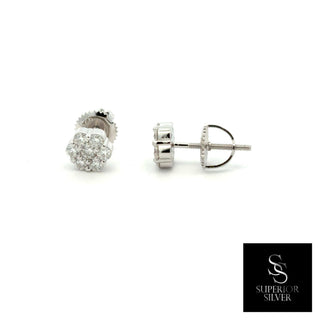 Small seven-stone flower cluster moissanite stud earrings in sterling silver, view 2