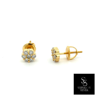 Small seven-stone flower cluster moissanite stud earrings in yellow gold vermeil over sterling silver, view 2