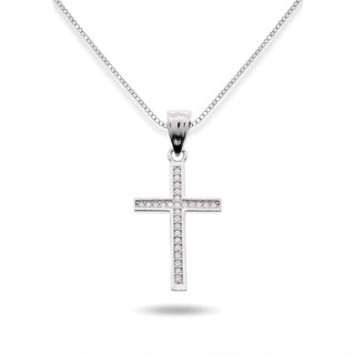 Small Slim Latin Cross Stone Row Moissanite Pendant in Sterling Silver on chain