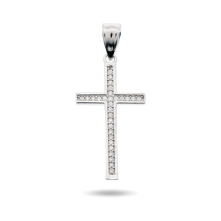 Small Slim Latin Cross Stone Row Moissanite Pendant in sterling silver