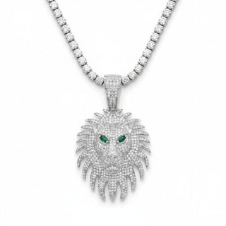 Lion Head with Green Stone Eyes Moissanite Pendant. view 2