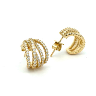Split row crossover pavé moissanite half hoop earrings in yellow gold vermeil over sterling silver