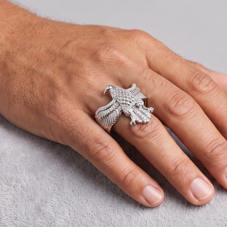 Spread-Wing Eagle Statement Moissanite Ring in sterling silver, worn on hand