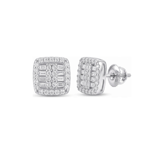 Square Baguette Center Pavé Halo Moissanite Stud Earrings in sterling silver