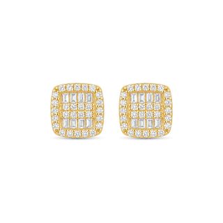 Square Baguette Center Pavé Halo Moissanite Stud Earrings in yellow gold over sterling silver
