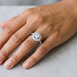 Square Center Double Halo on Pavé Band Moissanite Ring in sterling silver, worn on hand