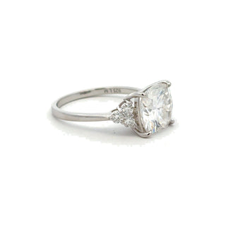 Square center solitaire with side accents moissanite ring in sterling silver