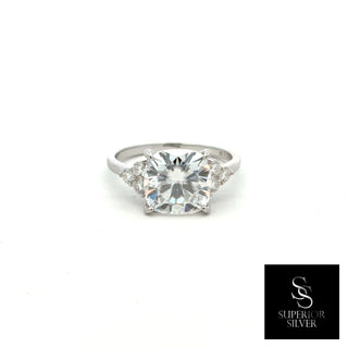 Square center solitaire with side accents moissanite ring in sterling silver, view 2