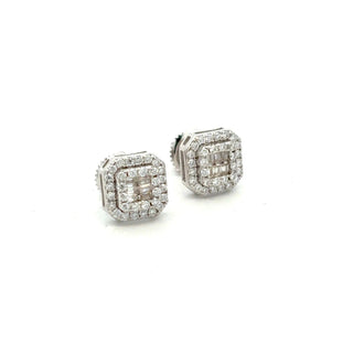 Square double halo baguette moissanite stud earrings in sterling silver