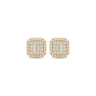 Square double halo baguette moissanite stud earrings in yellow gold vermeil over sterling silver