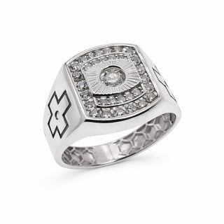 Square Double Halo Signet with Enamel Cross Shoulders Moissanite Ring in sterling silver
